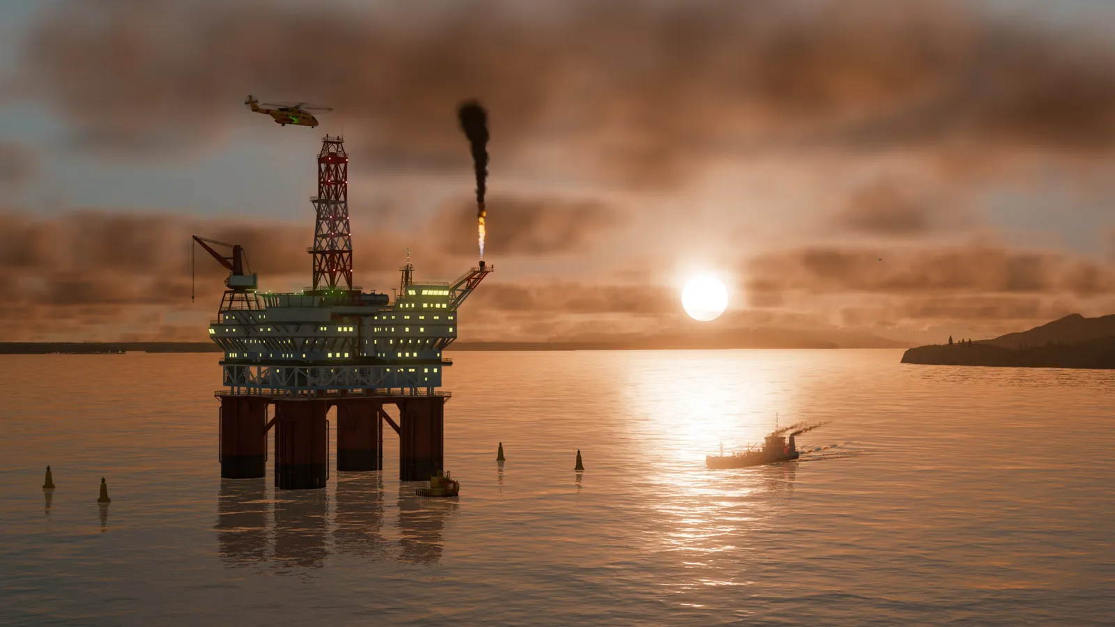 Plataforma petrolífera ao pôr do sol