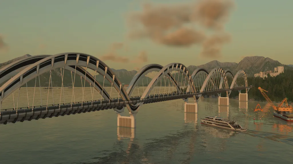Ponte moderna em arcos sobre um rio ao pôr do sol, com um barco a passar por baixo